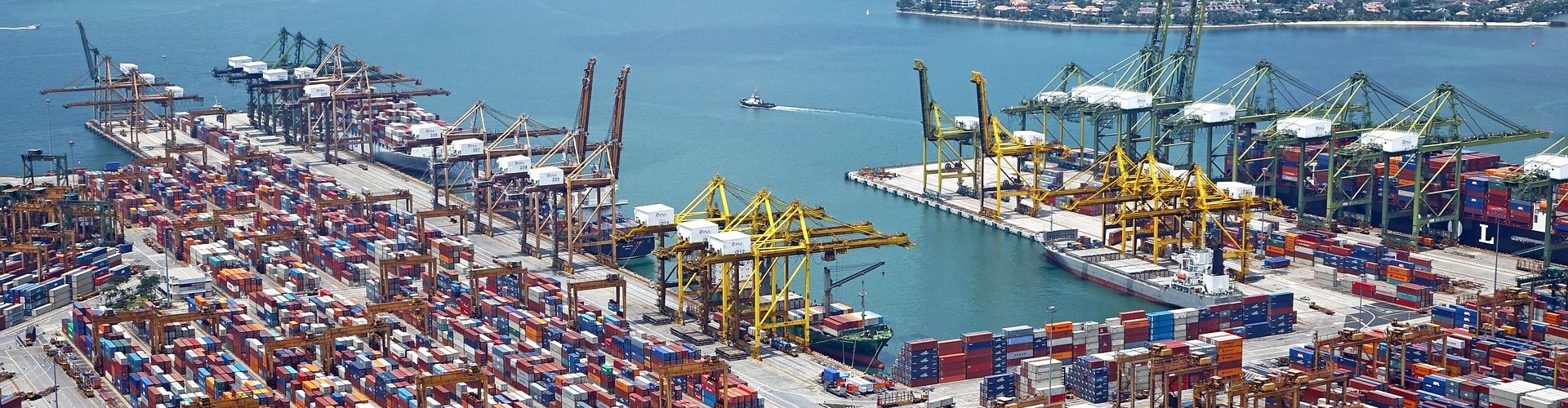 Bild av cegoh från Pixabay föreställande en stor lasthamn fylld med kranar och containrar.